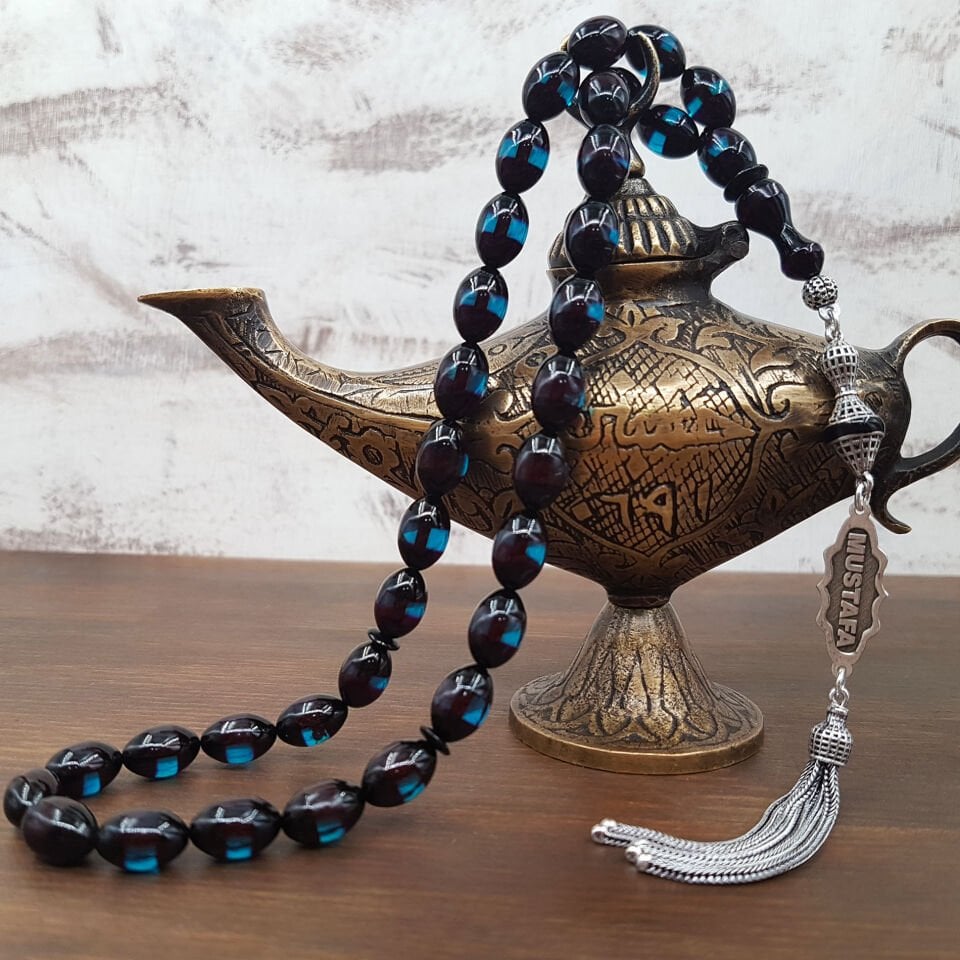 Kişiye Özel Mavi Sürmeli Arpa Ateş Kehribar Tesbih
