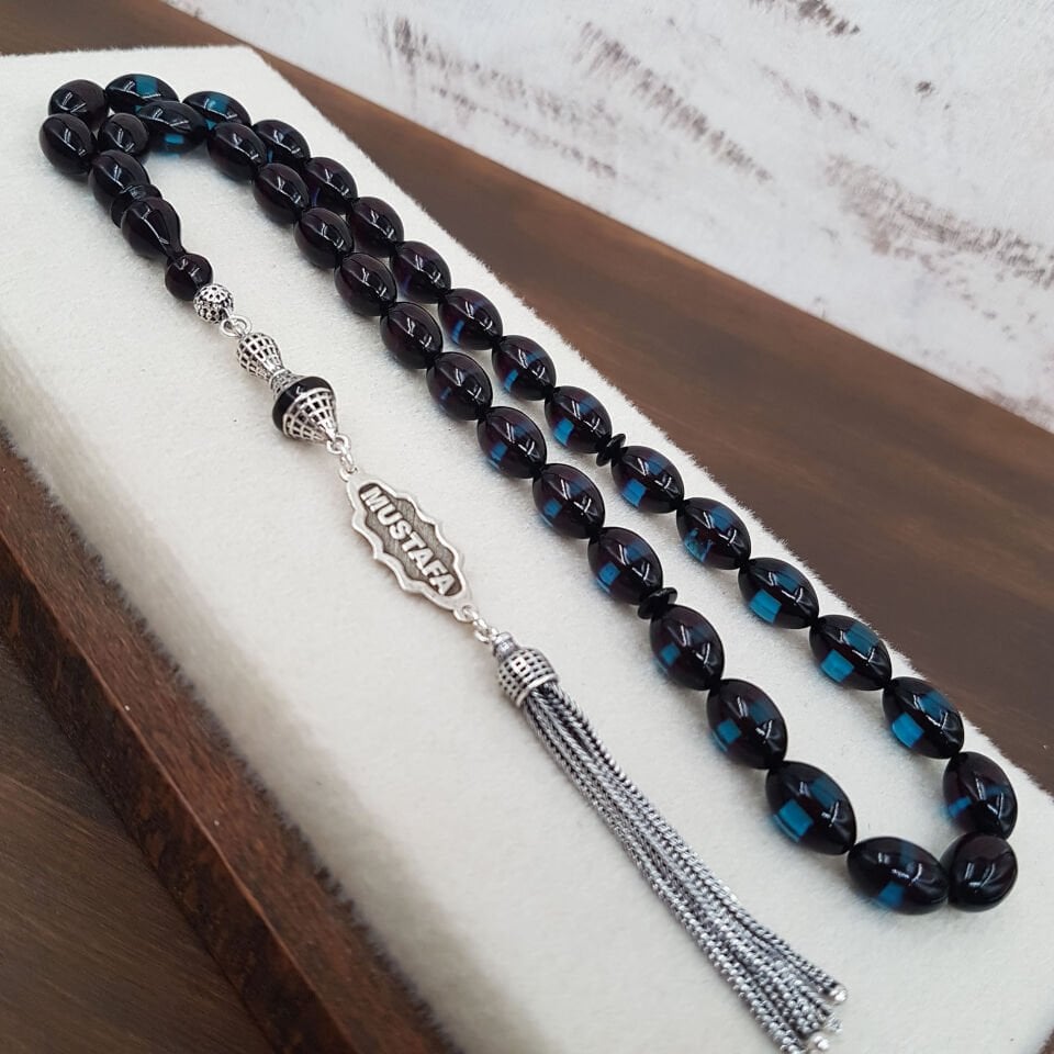 Kişiye Özel Mavi Sürmeli Arpa Ateş Kehribar Tesbih