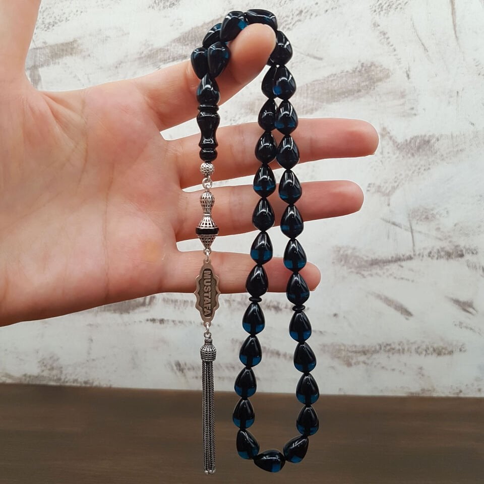 Kişiye Özel Mavi Sürmeli Ateş Kehribar Tesbih