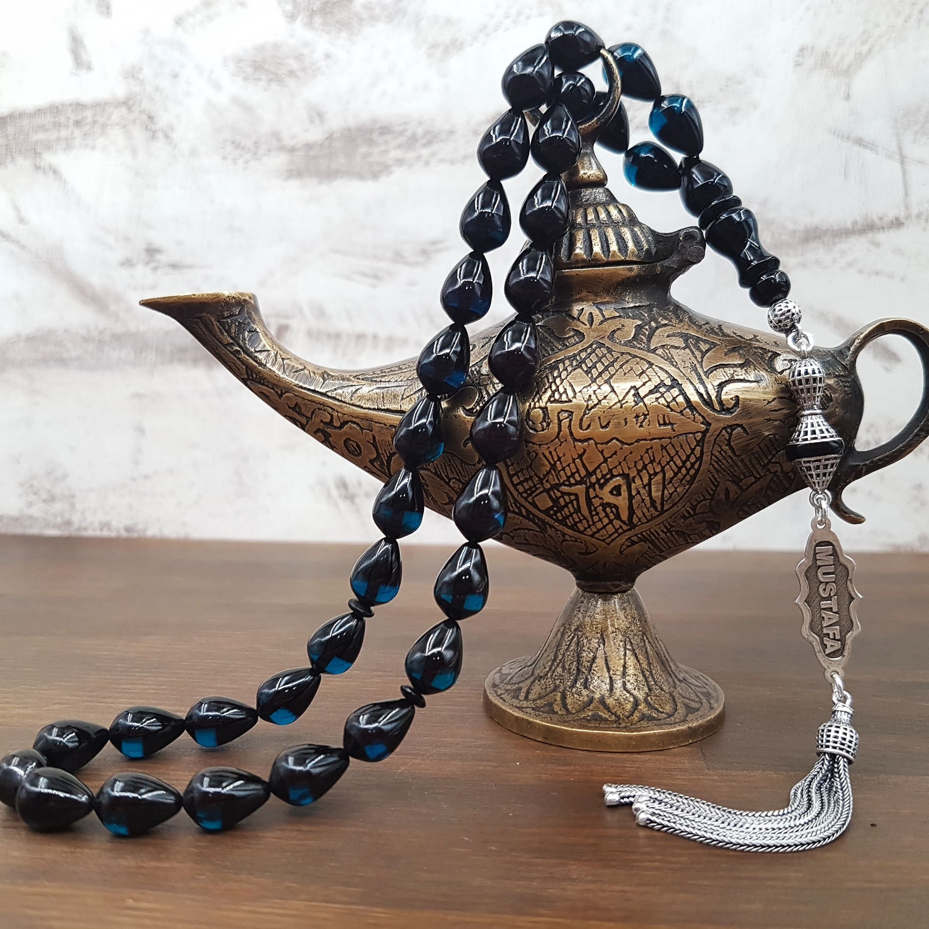 Kişiye Özel Mavi Sürmeli Ateş Kehribar Tesbih