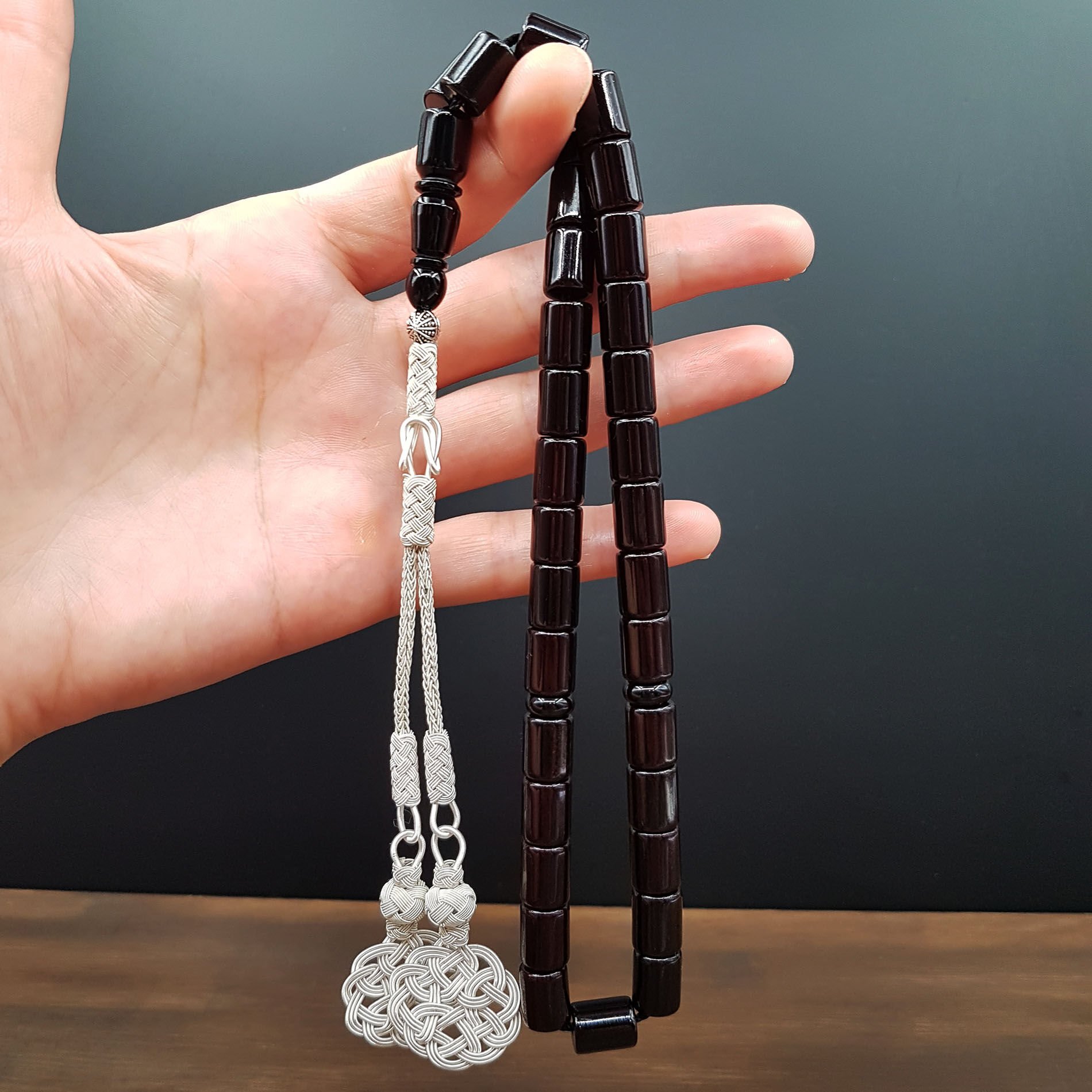 Kazaz Tasarım Oval Kesme Siyah Sıkma Kehribar Tesbih