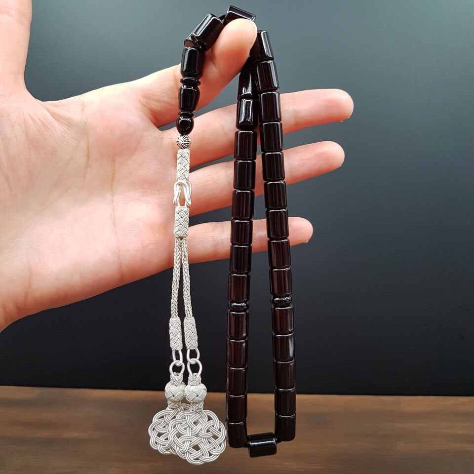 Kazaz Tasarım Oval Kesme Siyah Sıkma Kehribar Tesbih