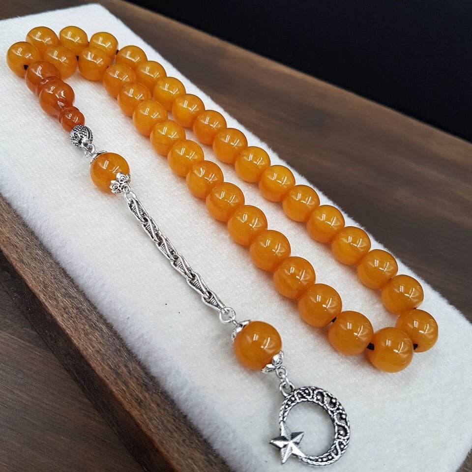Sarı Fıçı Kesim Sıkma Kehribar Tesbih
