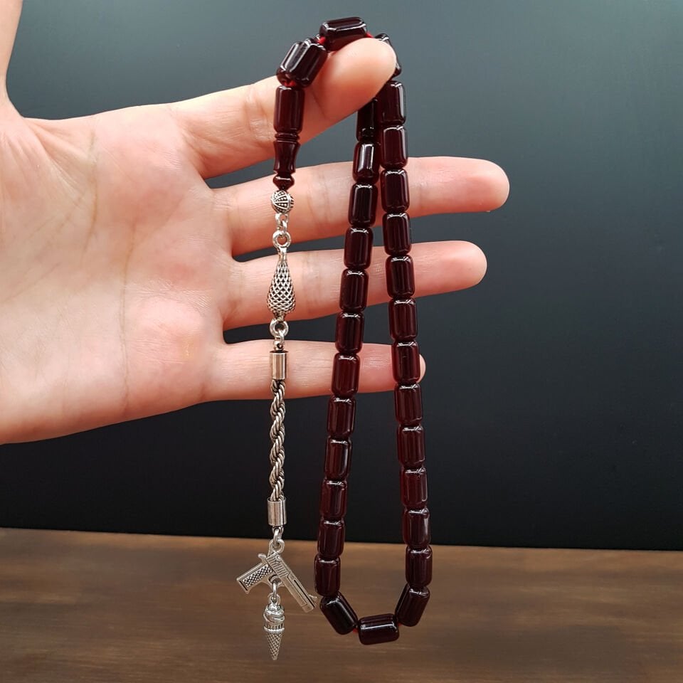 Koyu Bordo Kapsül Kesim Sıkma Kehribar Tesbih