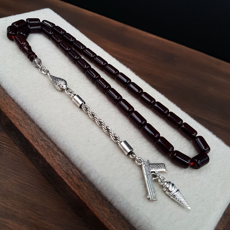 Koyu Bordo Kapsül Kesim Sıkma Kehribar Tesbih