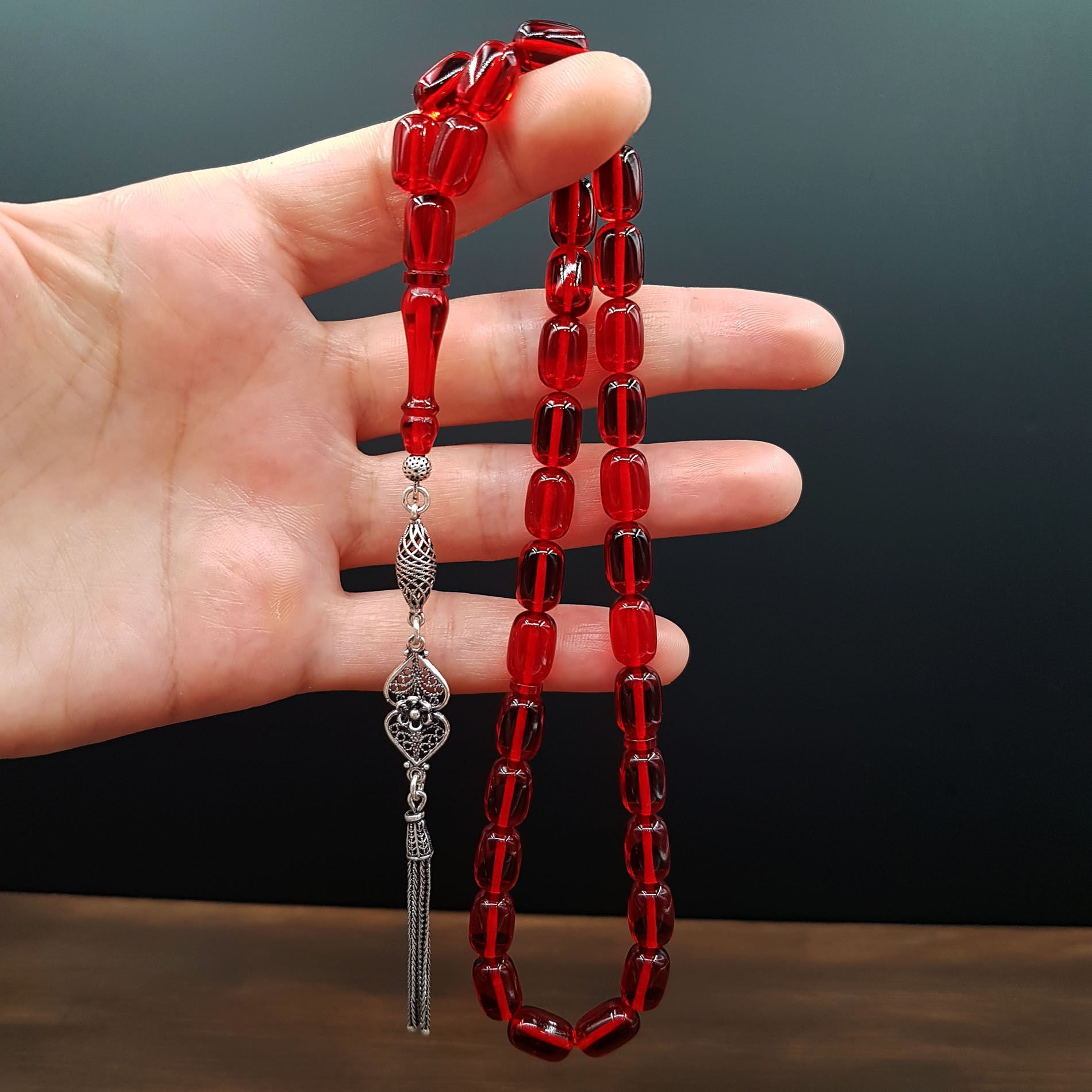 Gümüş Püskül Kırmızı Kapsül Ateş Kehribar