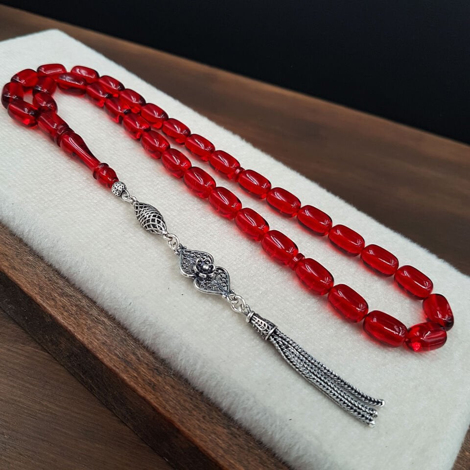 Gümüş Püskül Kırmızı Kapsül Ateş Kehribar