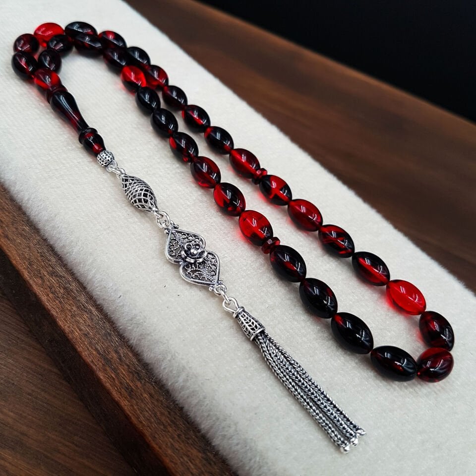 Gümüş Püskül Kırmızı Arpa Kesim Ateş Kehribar