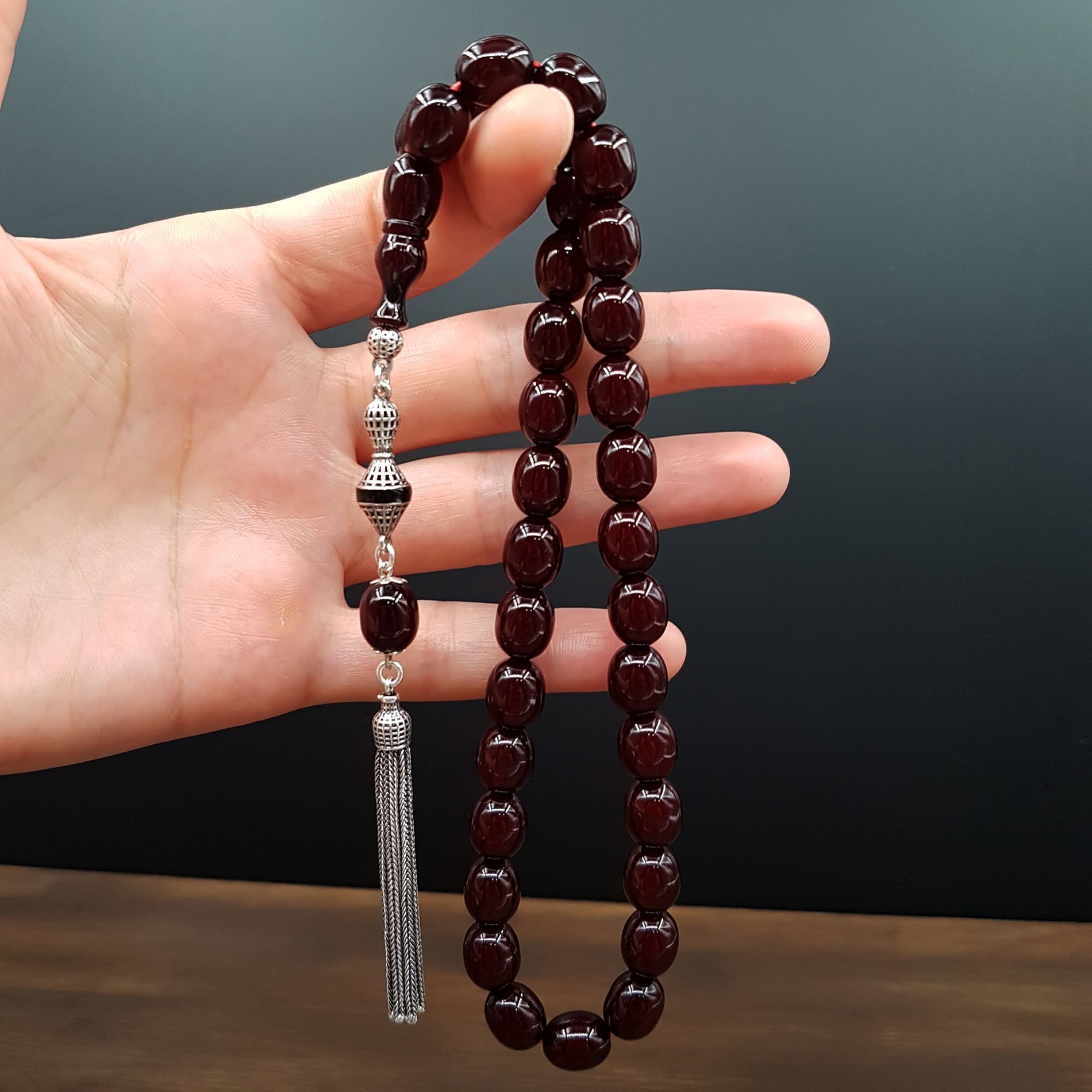 Gümüş Püskül Havşa Delim Sıkma Kehribar Tesbih