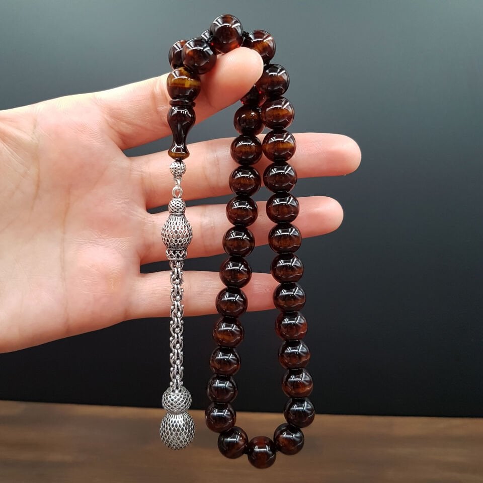 Gümüş Püskül Sürmeli Sıkma Kehribar Tesbih