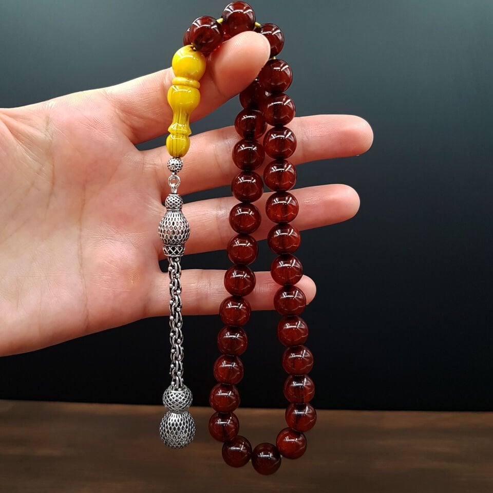 Gümüş Püskül İmame Traşlı Sıkma Kehribar Tesbih