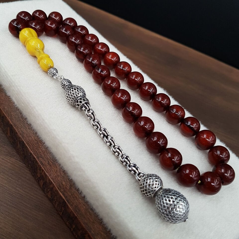 Gümüş Püskül İmame Traşlı Sıkma Kehribar Tesbih