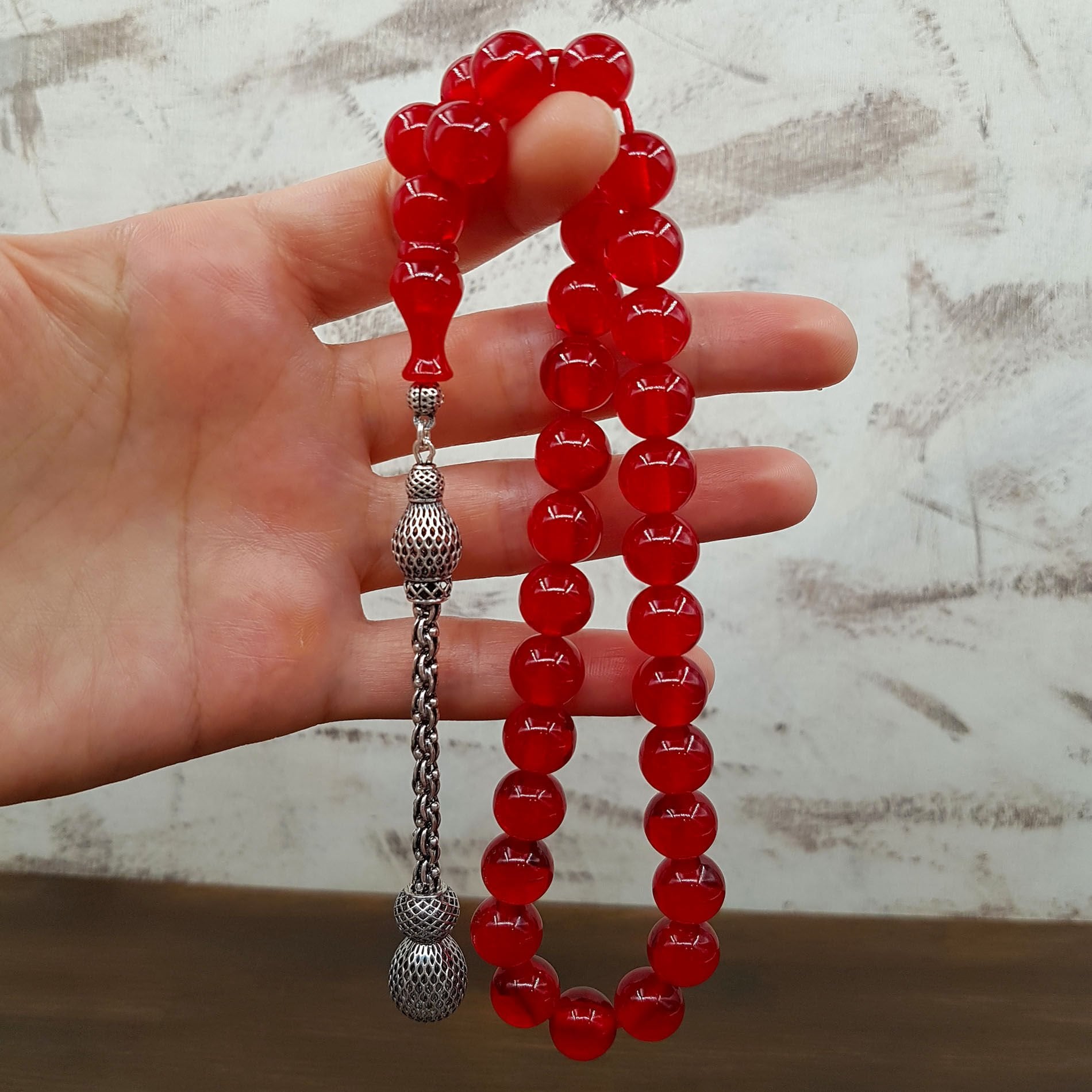 Gümüş Püskül Bayrak Kırmızısı Sıkma Kehribar Tesbih