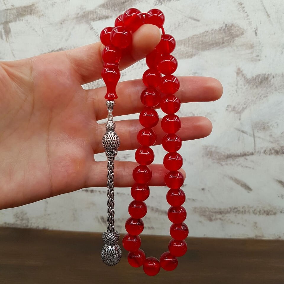 Gümüş Püskül Bayrak Kırmızısı Sıkma Kehribar Tesbih