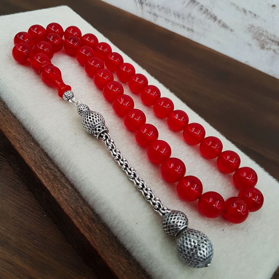 Gümüş Püskül Bayrak Kırmızısı Sıkma Kehribar Tesbih