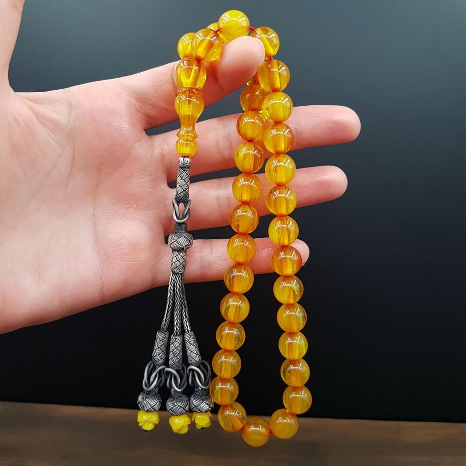 Sarı Gümüş Kazaz Tasarım Sıkma Kehribar Tesbih