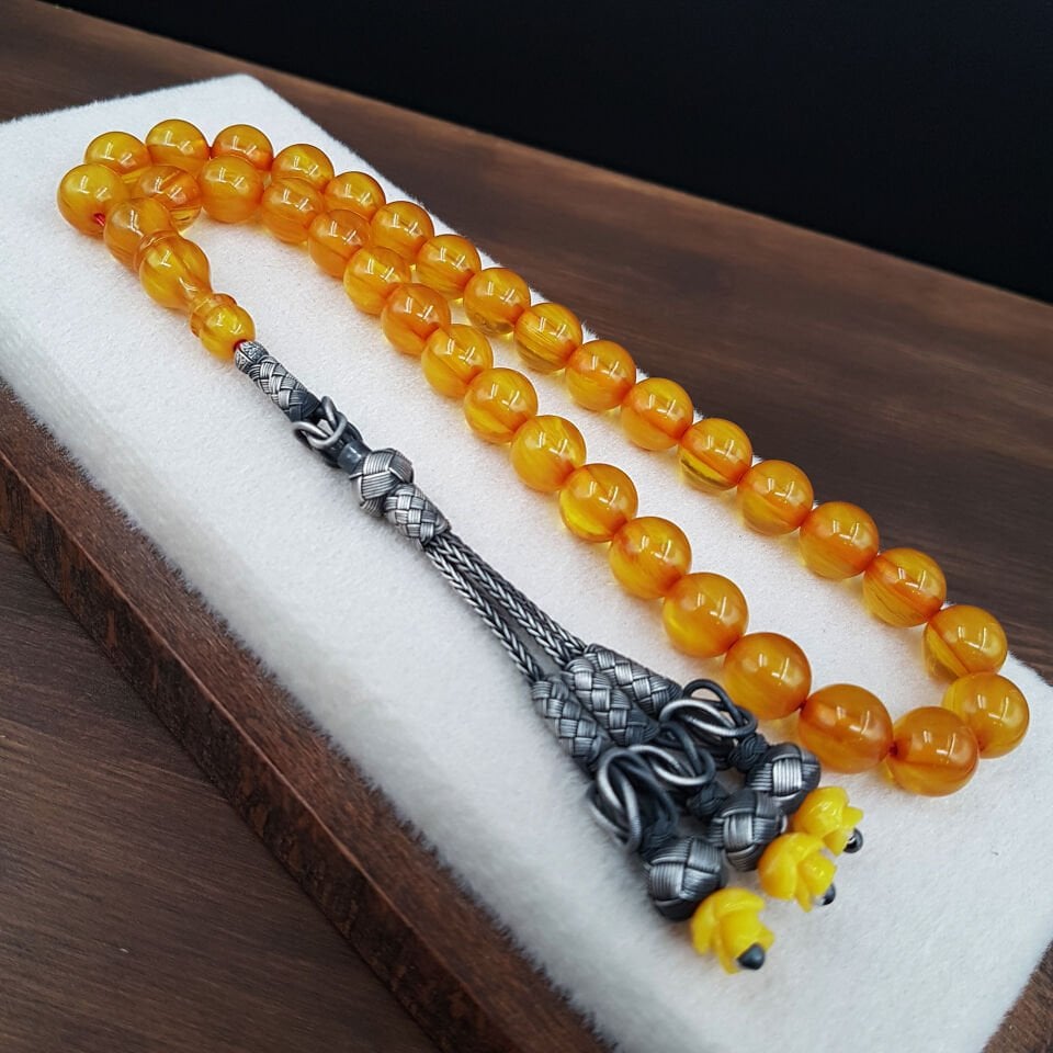 Sarı Gümüş Kazaz Tasarım Sıkma Kehribar Tesbih