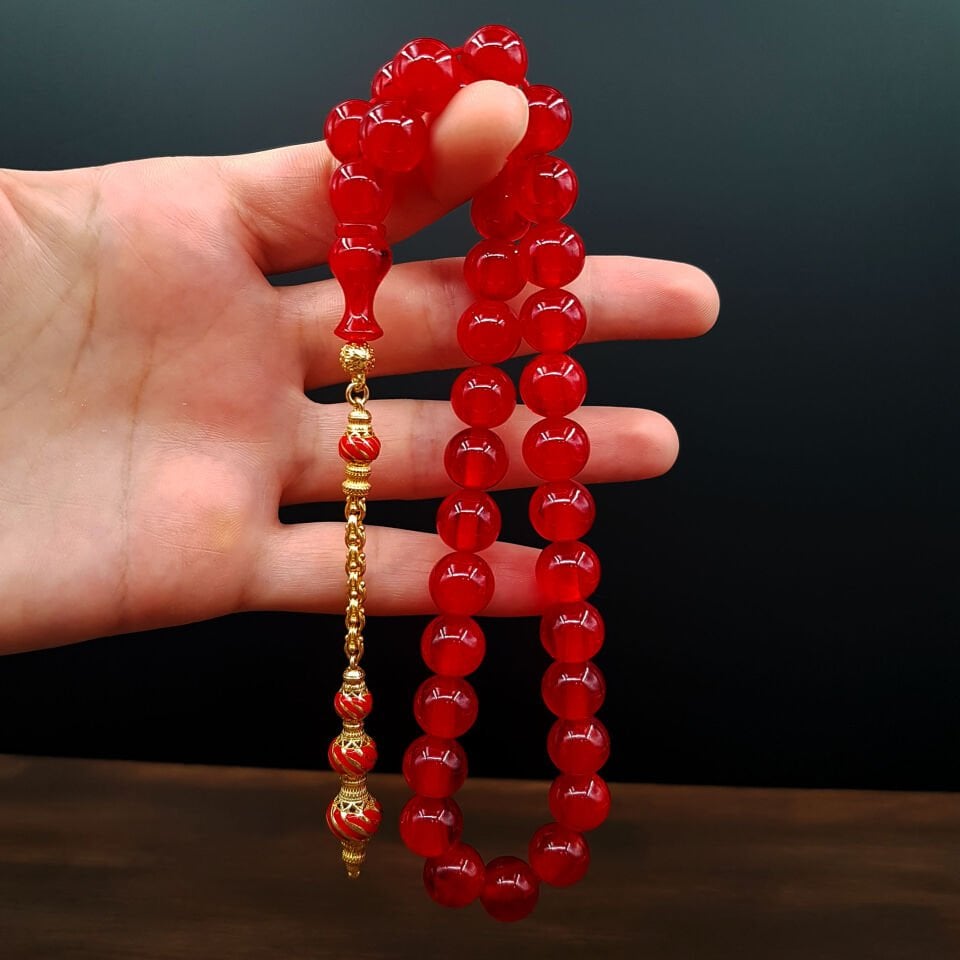 Kırmızı Gümüş Püskül Tasarım Sıkma Kehribar Tesbih