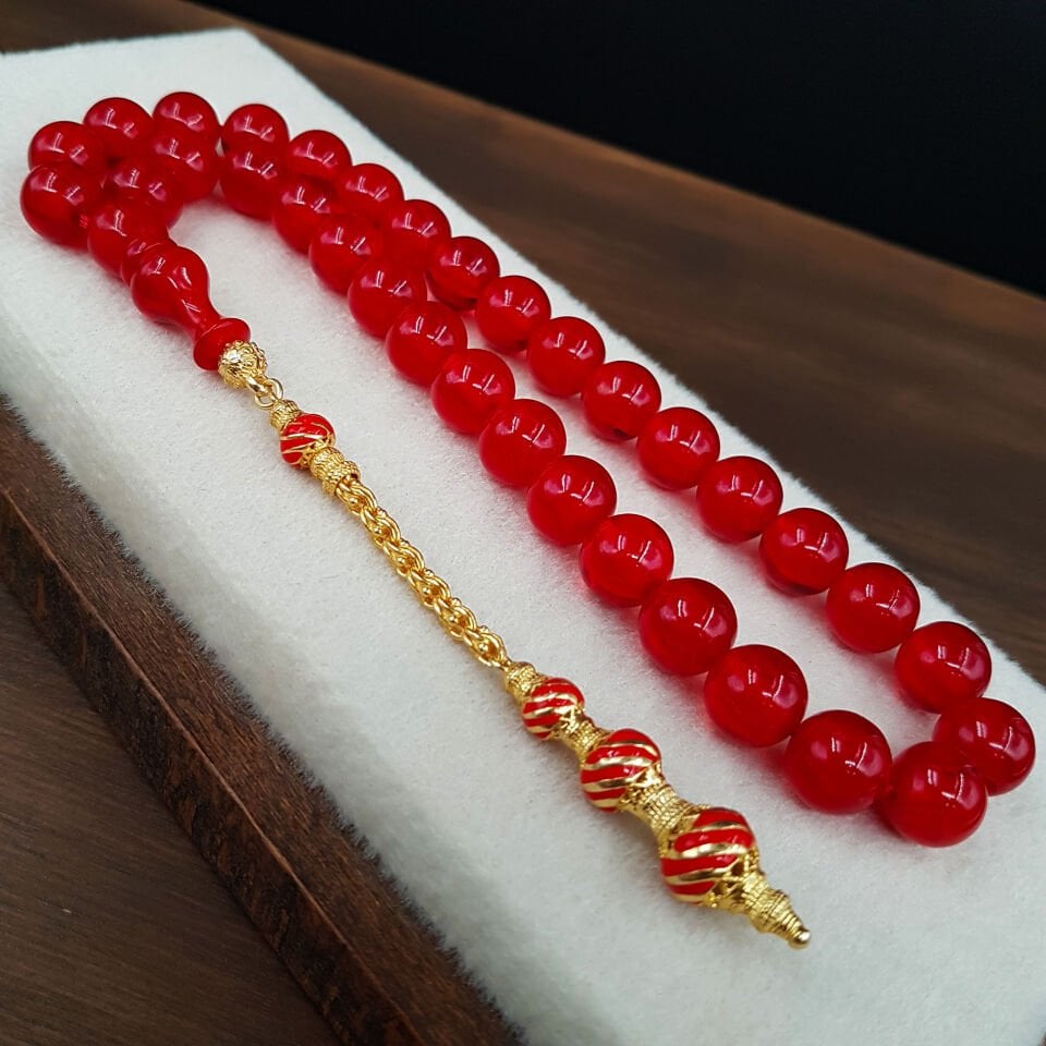 Kırmızı Gümüş Püskül Tasarım Sıkma Kehribar Tesbih