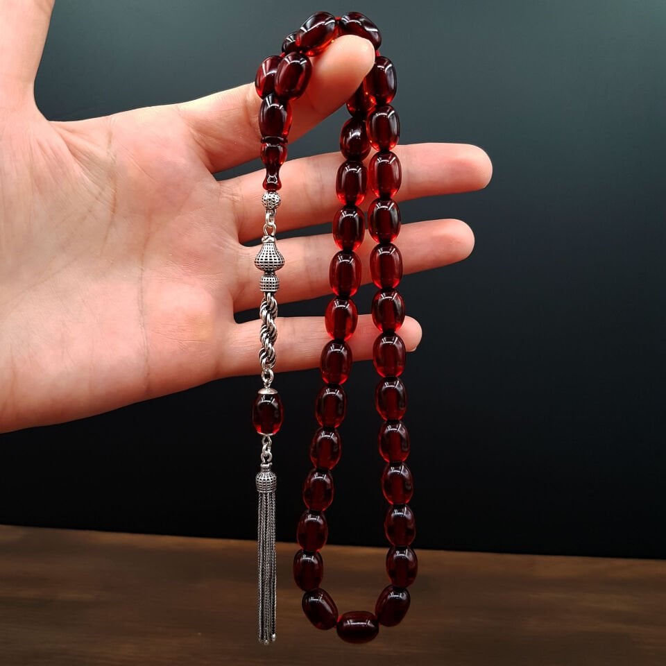 Gümüş Püskül Çay Rengi Sıkma Kehribar Tesbih