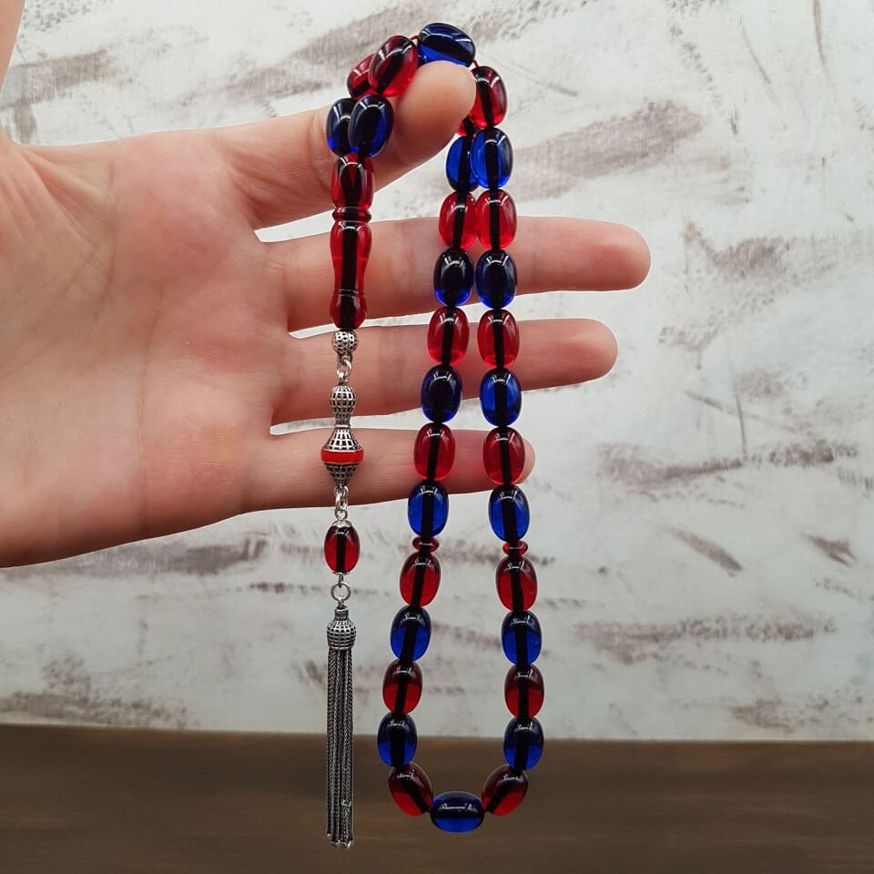 Gümüş Püskül Bordo Mavi Ateş Kehribar Tesbih