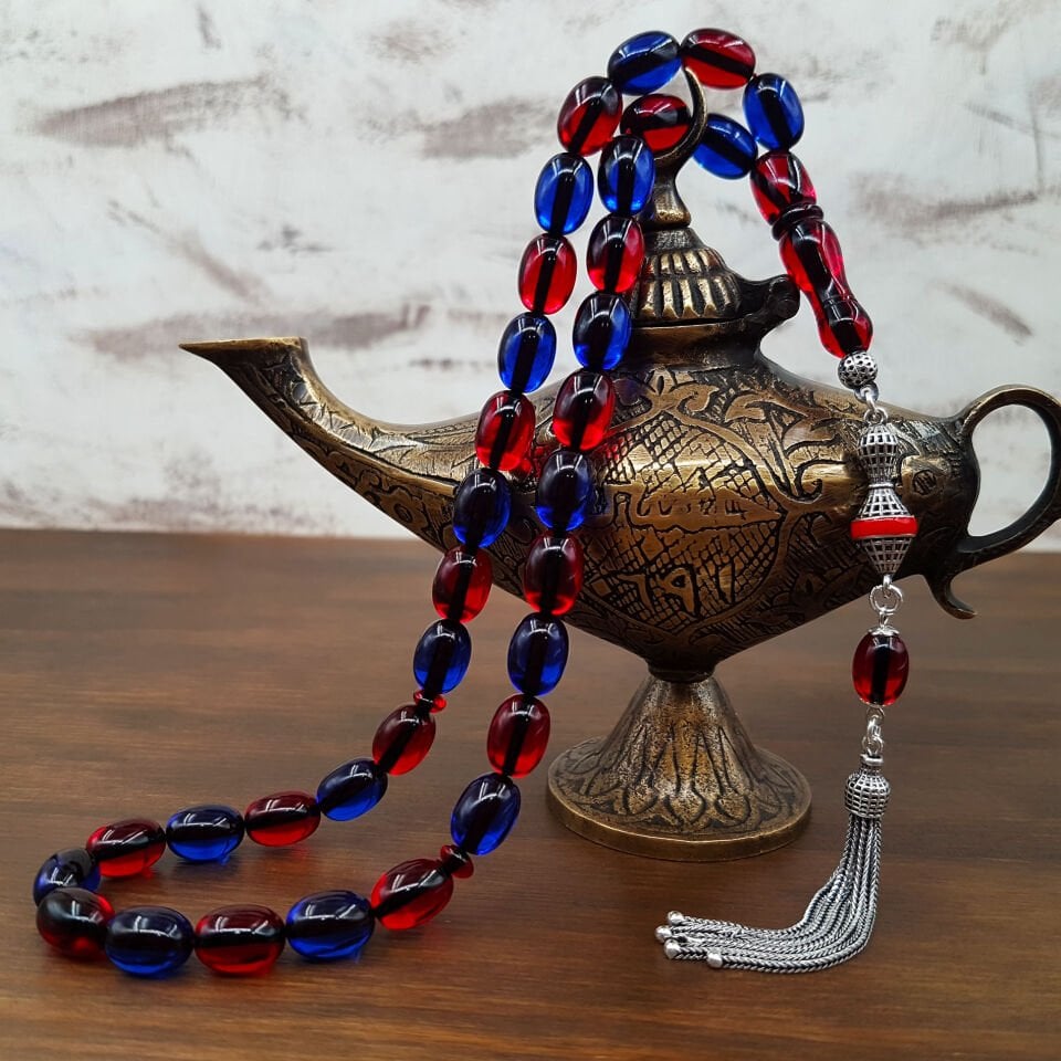 Gümüş Püskül Bordo Mavi Ateş Kehribar Tesbih