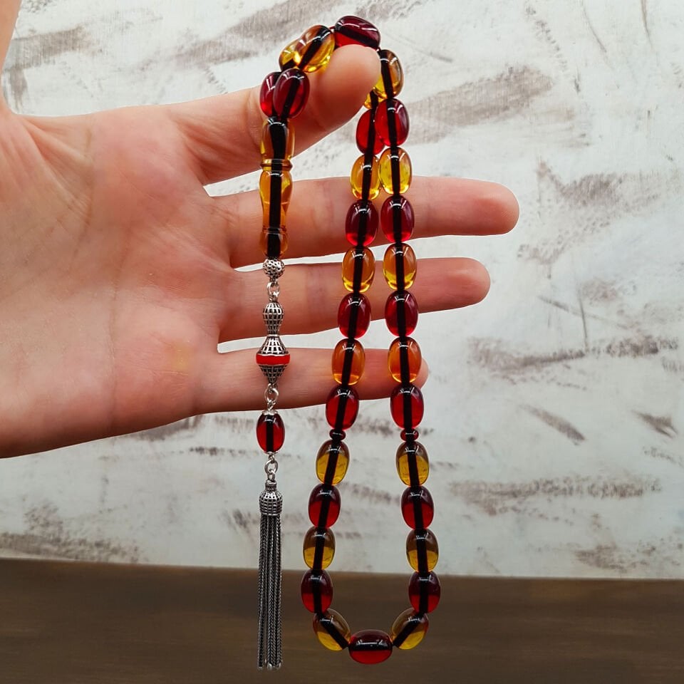 Gümüş Püskül Sarı Kırmızı Ateş Kehribar Tesbih