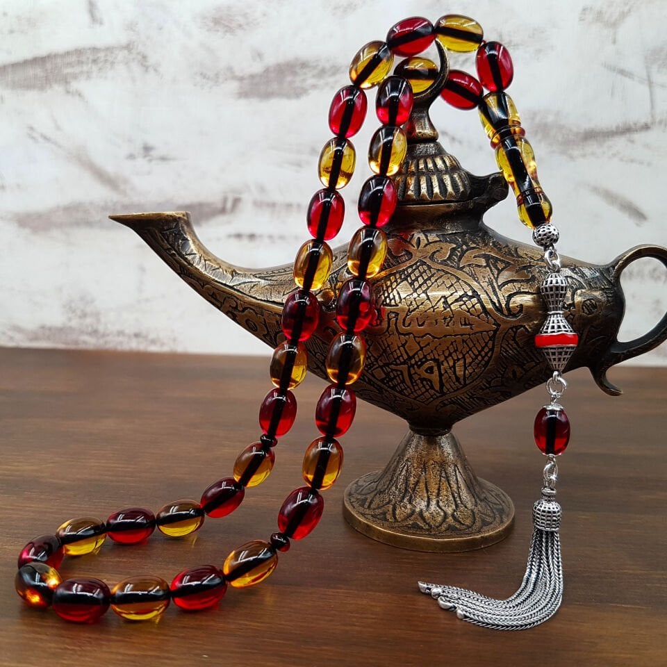 Gümüş Püskül Sarı Kırmızı Ateş Kehribar Tesbih