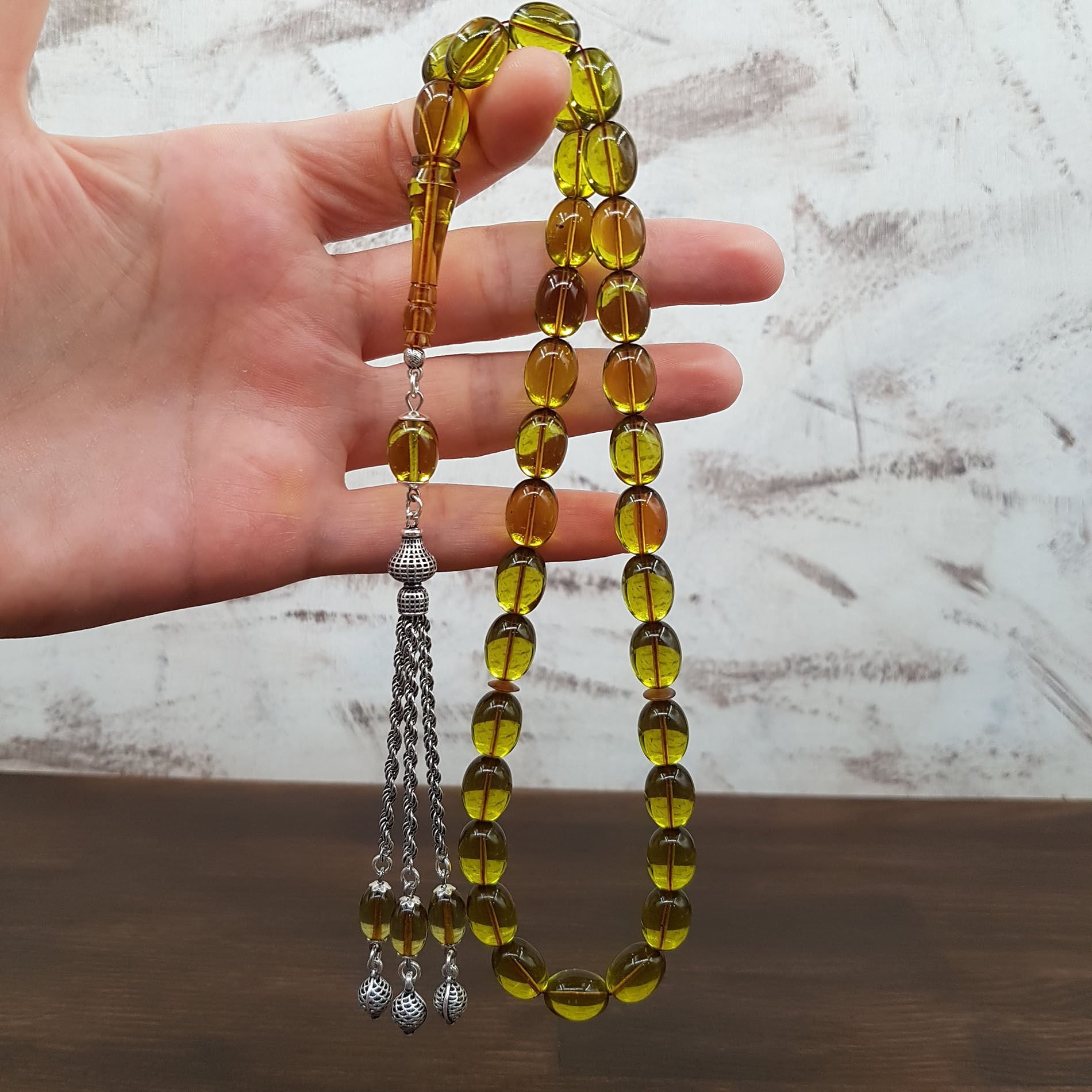 Gümüş Püskül Yosun Yeşili Ateş Kehribar Tesbih