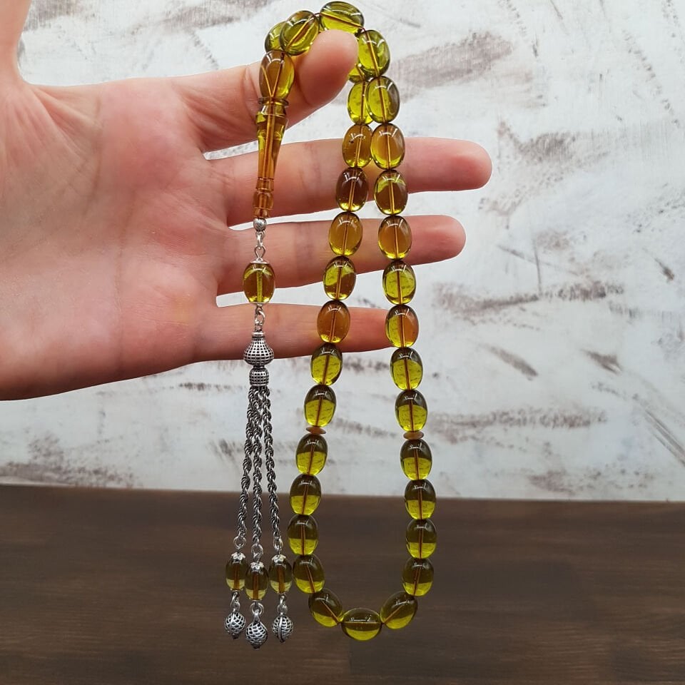 Gümüş Püskül Yosun Yeşili Ateş Kehribar Tesbih