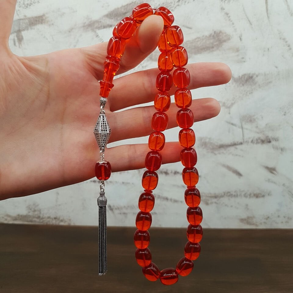 Gümüş Püskül Turuncu Blok Zar Kehribar Tesbih