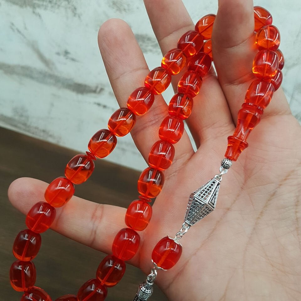 Gümüş Püskül Turuncu Blok Zar Kehribar Tesbih