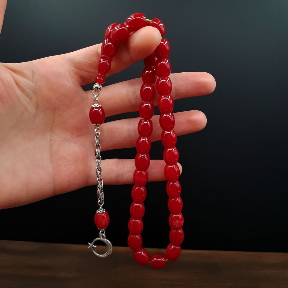 Mercan Rengi Fıçı Kesim Sıkma Kehribar Tesbih