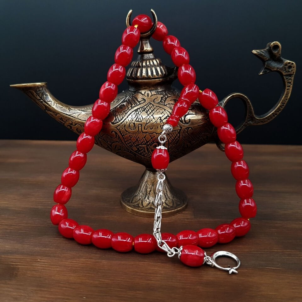 Mercan Rengi Fıçı Kesim Sıkma Kehribar Tesbih