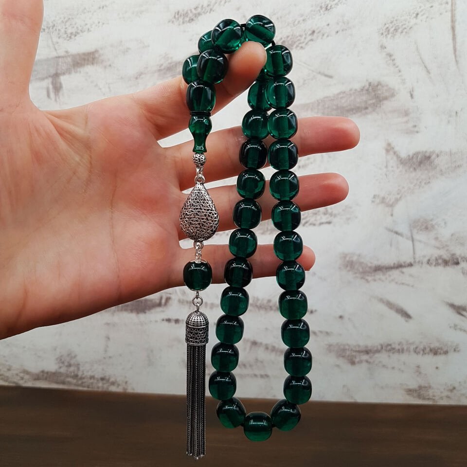 Büyük Boy Petrol Yeşili Ateş Kehribar Tesbih