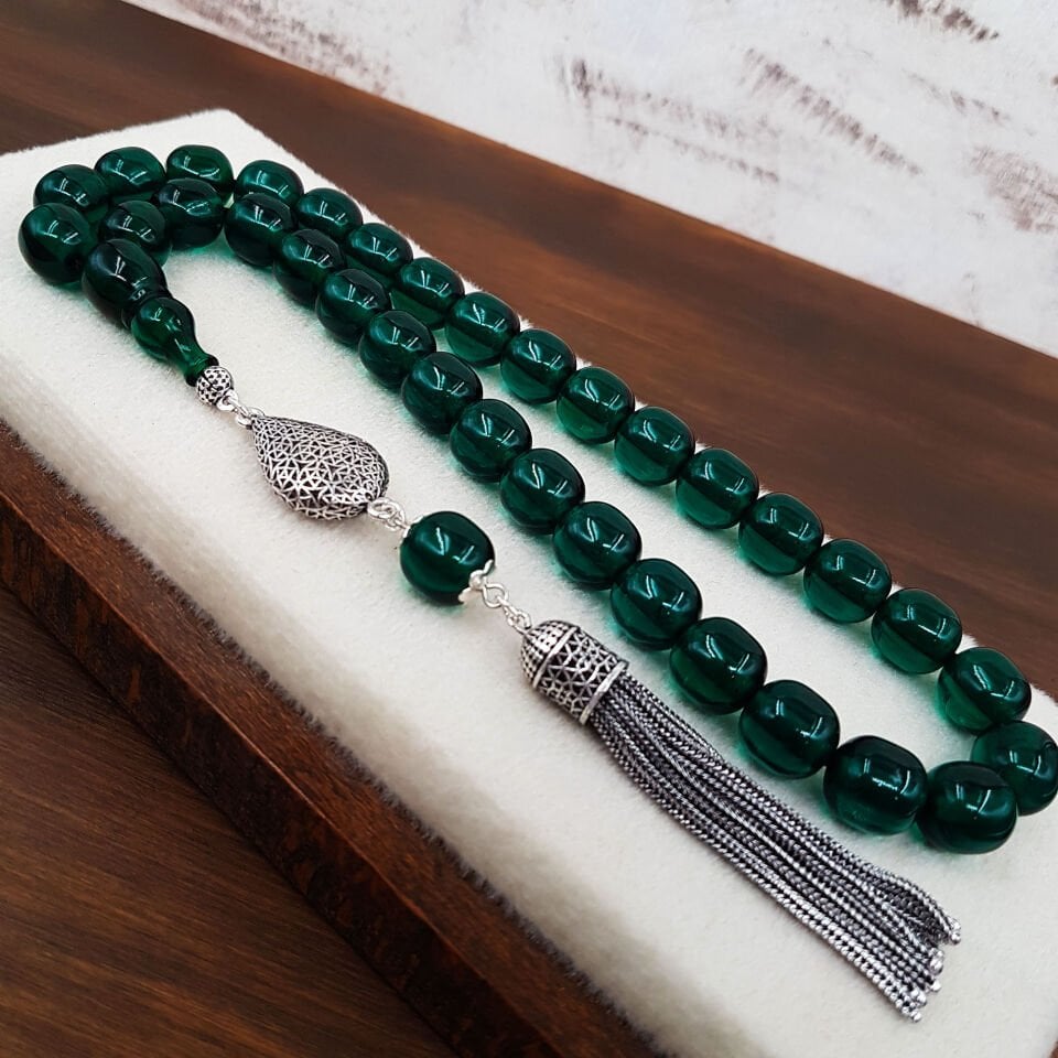 Büyük Boy Petrol Yeşili Ateş Kehribar Tesbih