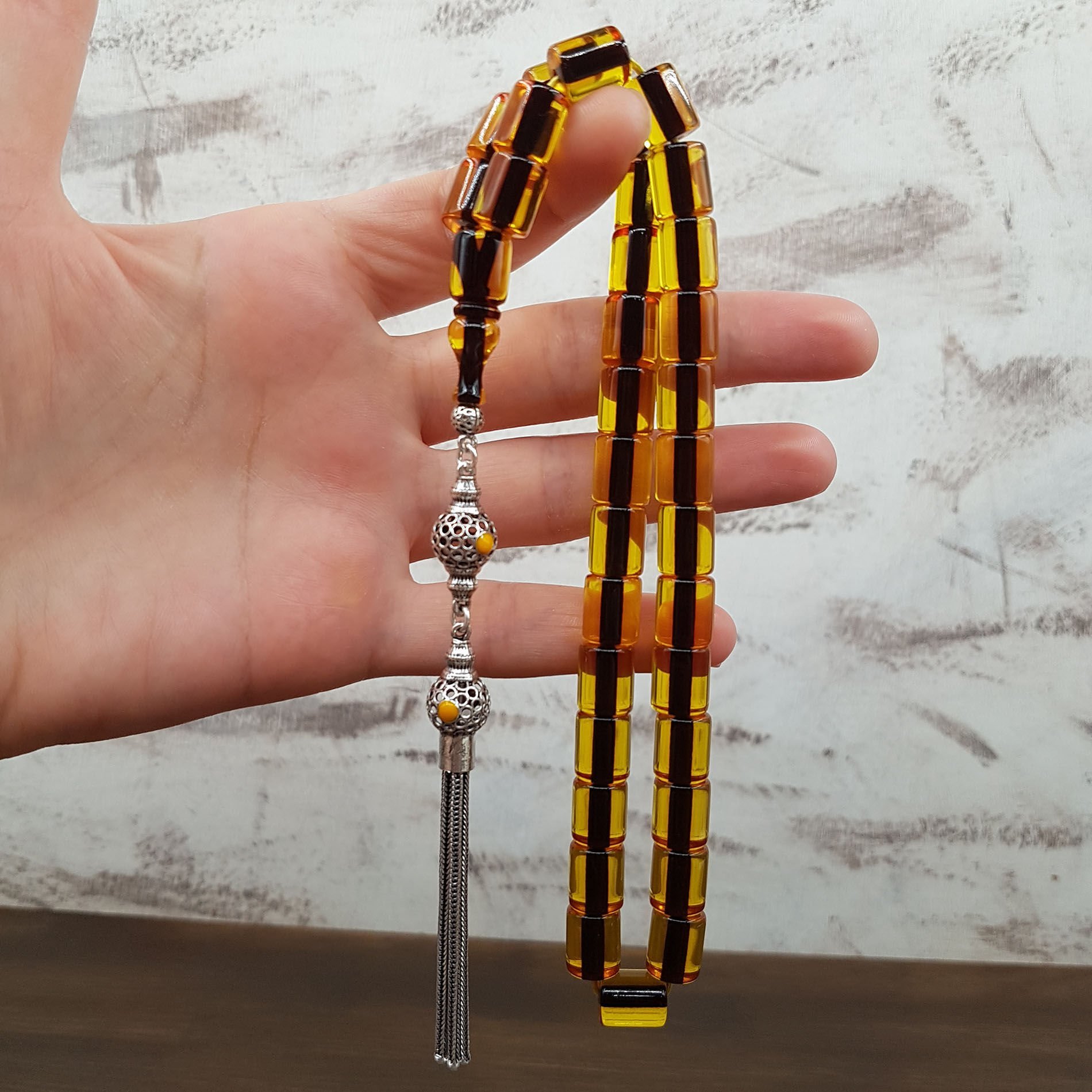 Gümüş Püskül Sarı Oval Kesme Ateş Kehribar Tesbih