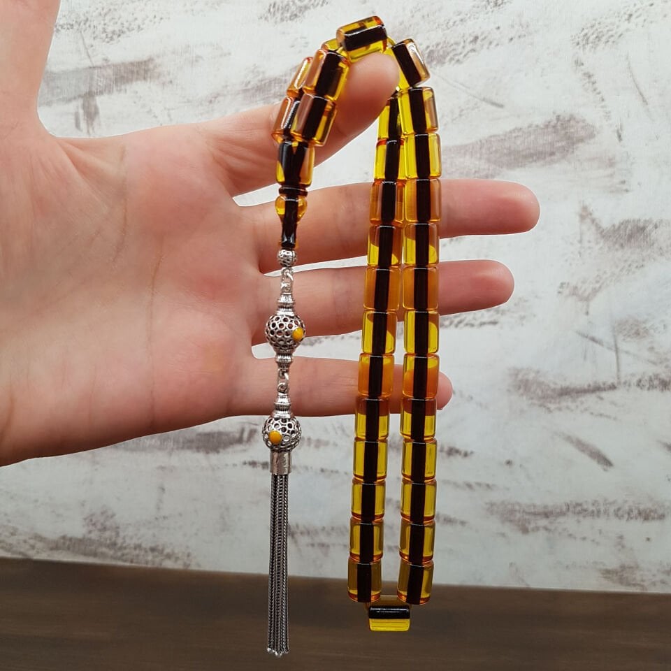 Gümüş Püskül Sarı Oval Kesme Ateş Kehribar Tesbih