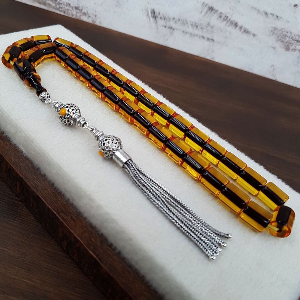 Gümüş Püskül Sarı Oval Kesme Ateş Kehribar Tesbih