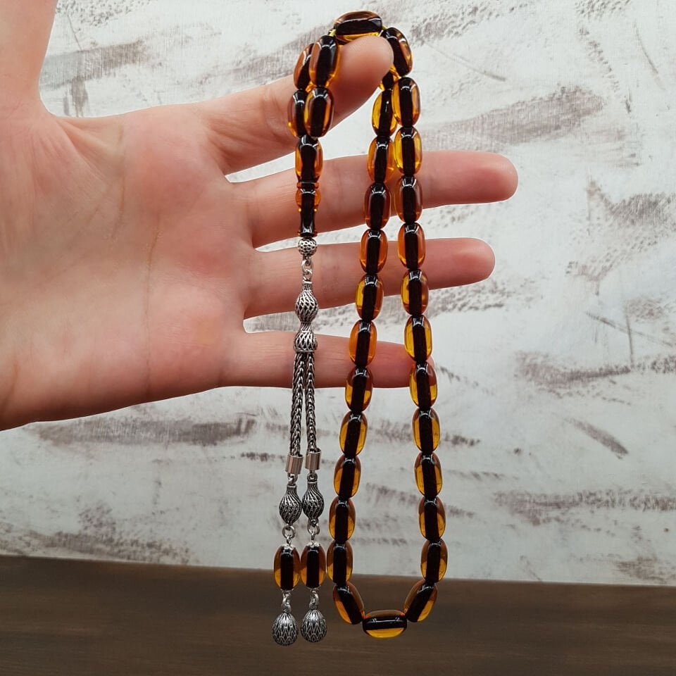 Gümüş Püskül Bal Rengi Uzun Arpa Ateş Kehribar Tesbih