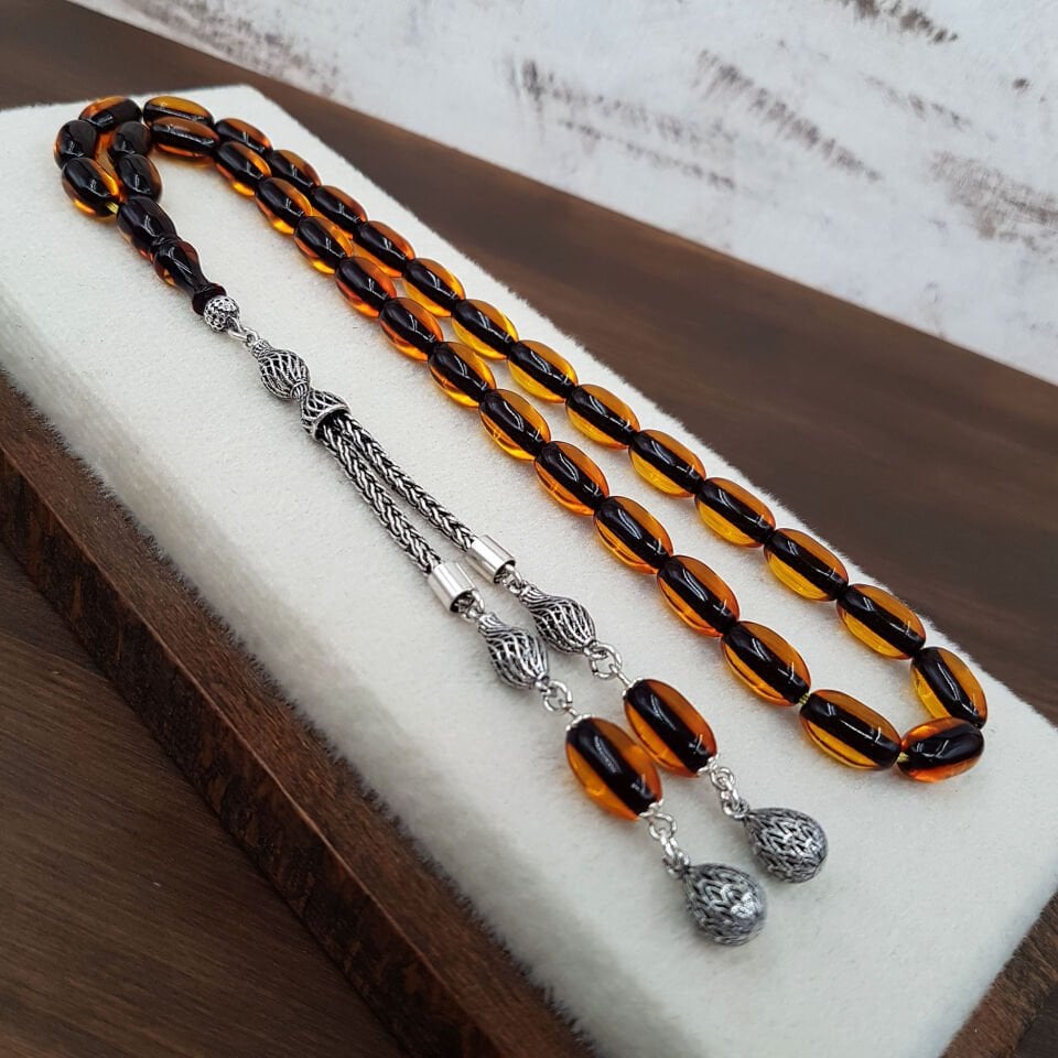Gümüş Püskül Bal Rengi Uzun Arpa Ateş Kehribar Tesbih