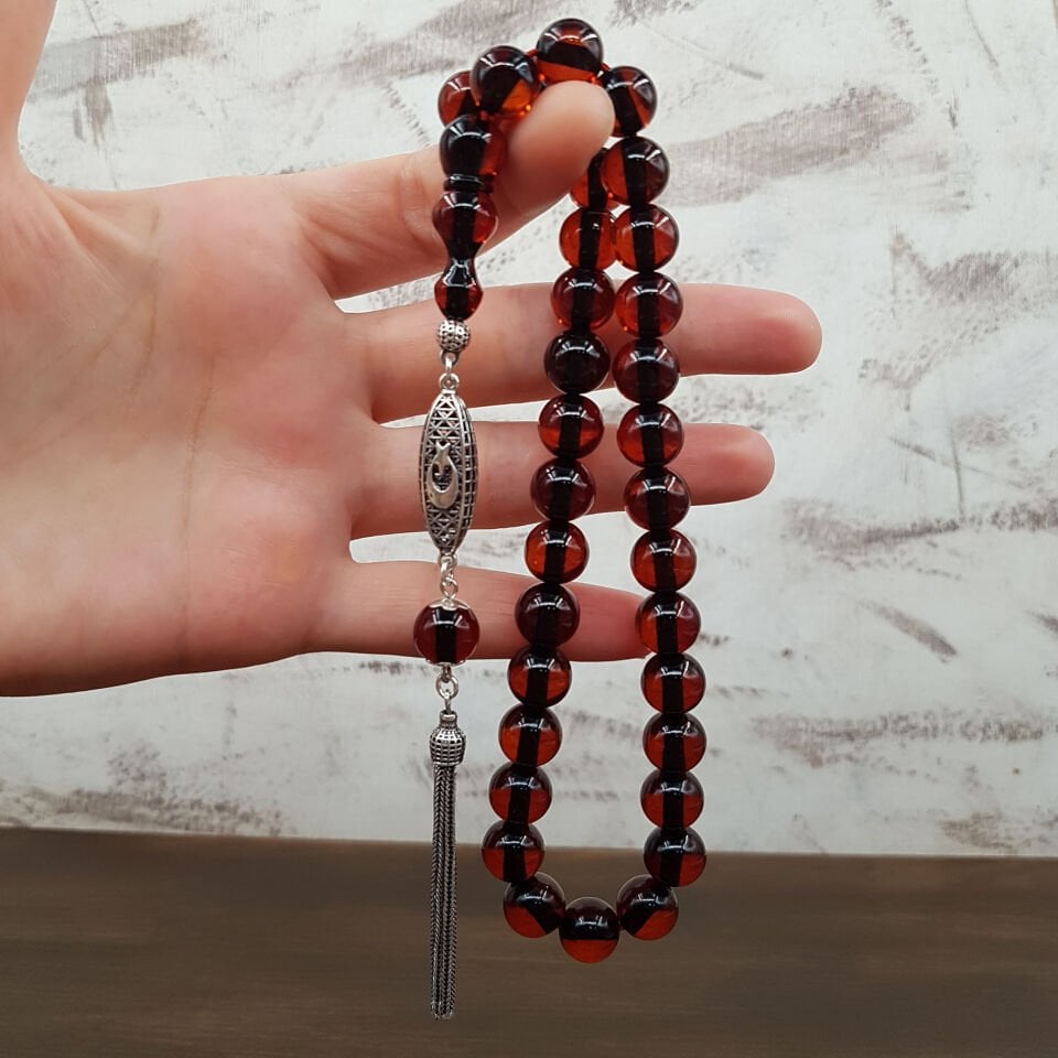 Gümüş Ayyıldız Çay Rengi Ateş Kehribar Tesbih