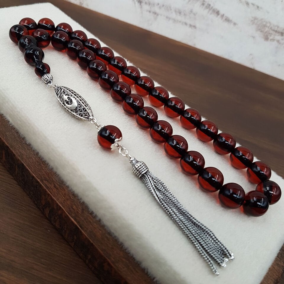 Gümüş Ayyıldız Çay Rengi Ateş Kehribar Tesbih