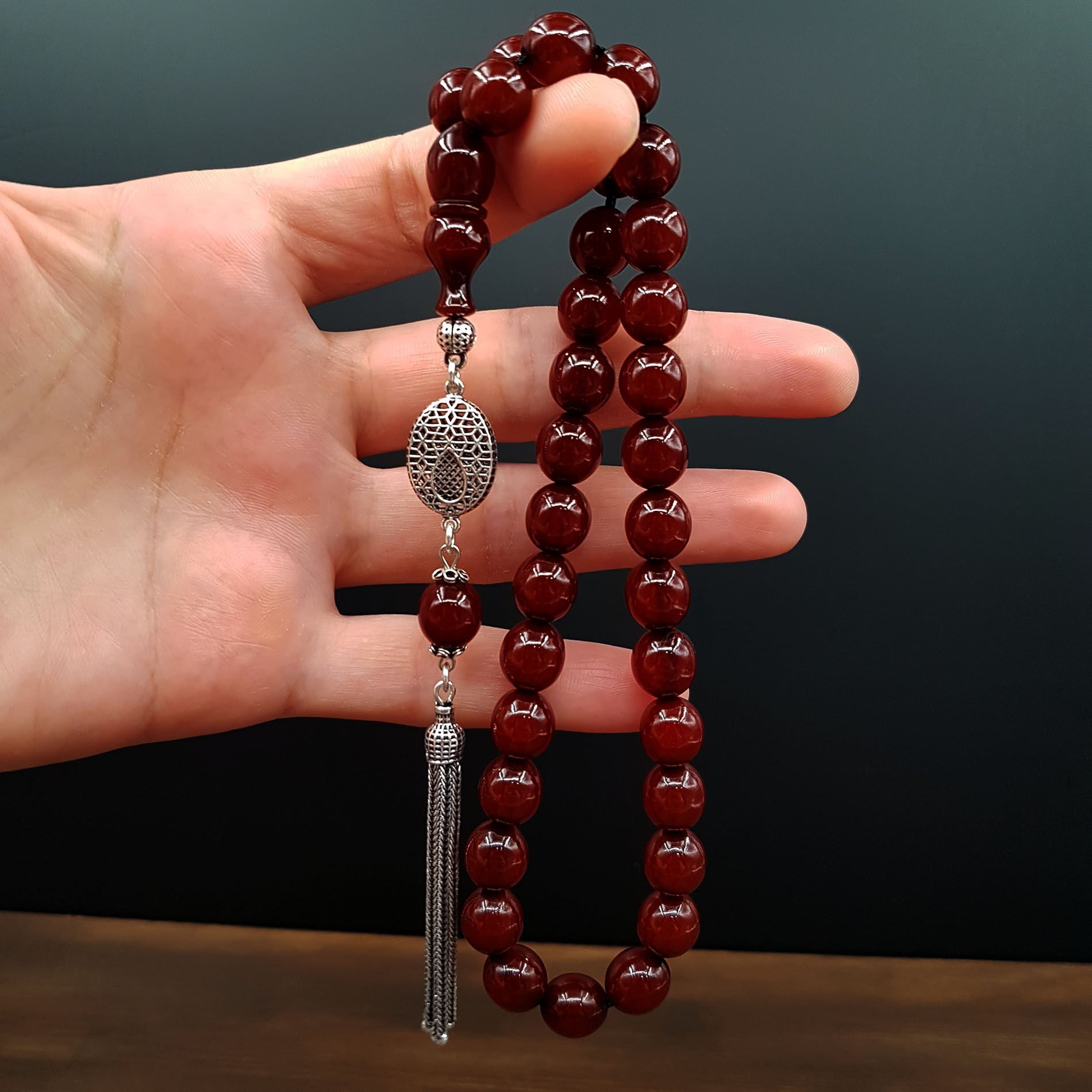 Gümüş Püskül Bürokrat Boy Sıkma Kehribar Tesbih