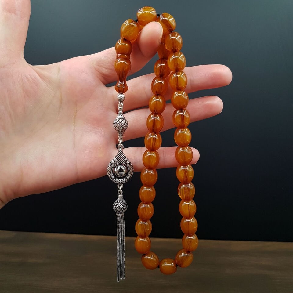 Gümüş Püskül  Tombul Beyzi Sıkma Kehribar Tesbih