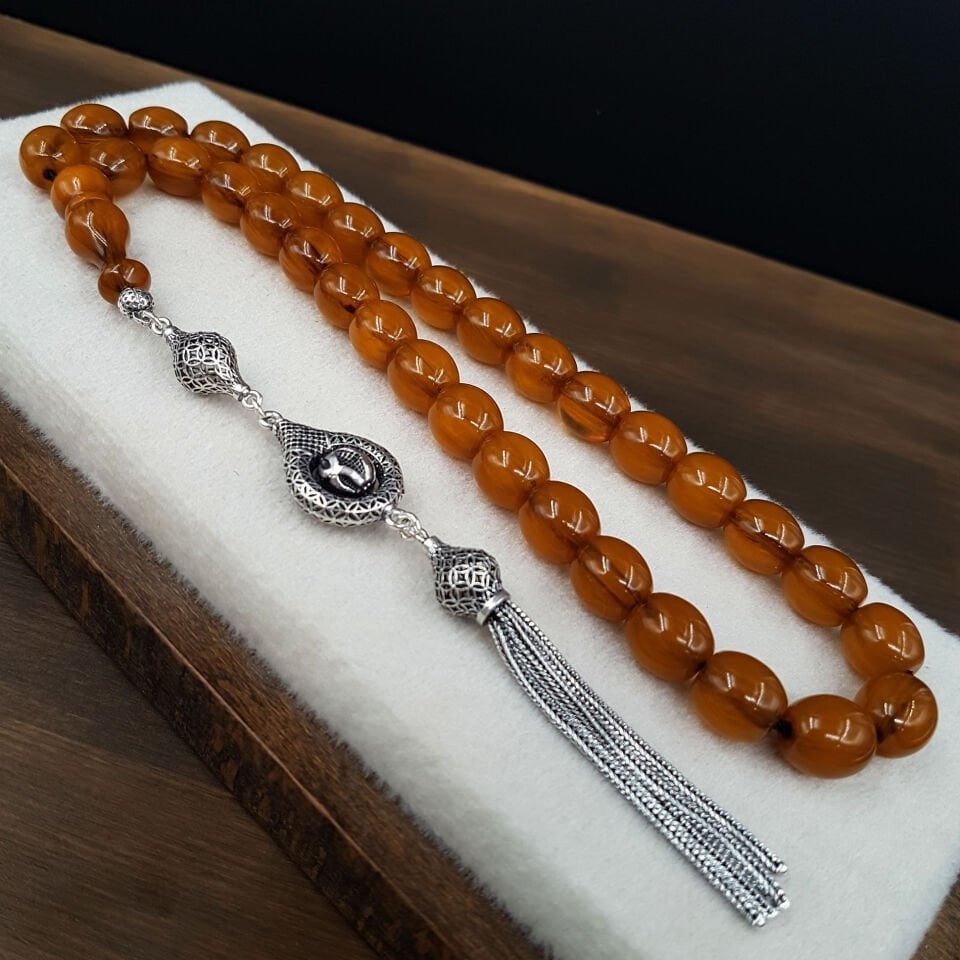 Gümüş Püskül  Tombul Beyzi Sıkma Kehribar Tesbih