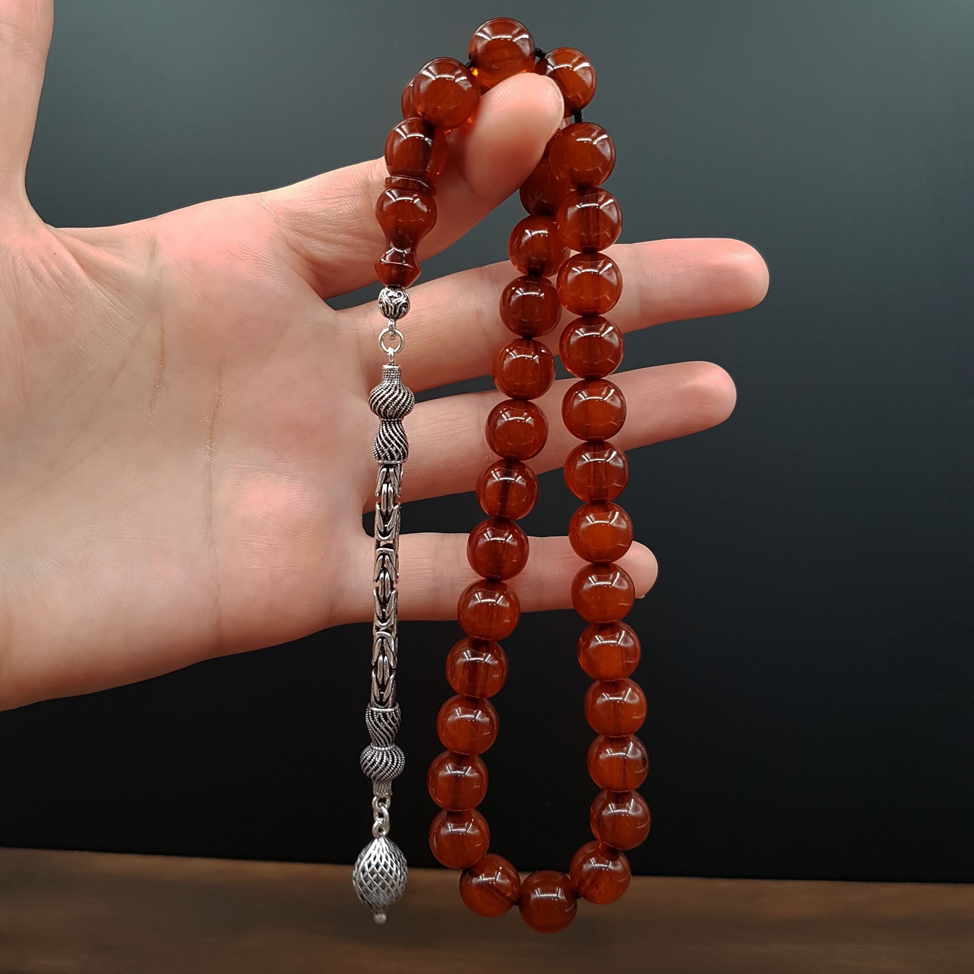 Gümüş Püskül Kahve Küre Sıkma Kehribar Tesbih