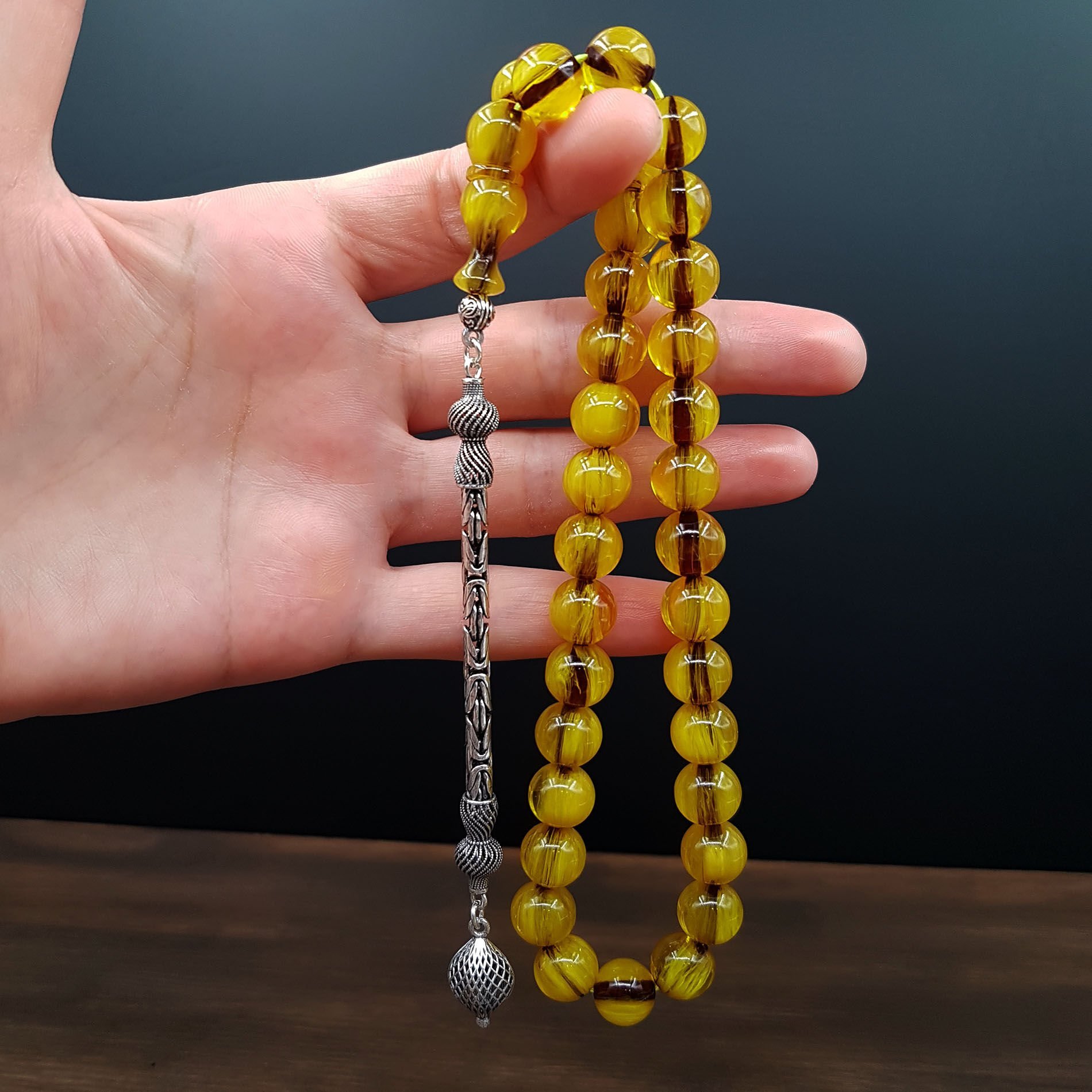 Gümüş Püskül Sarı Küre Sıkma Kehribar Tesbih