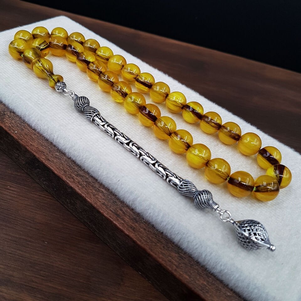 Gümüş Püskül Sarı Küre Sıkma Kehribar Tesbih