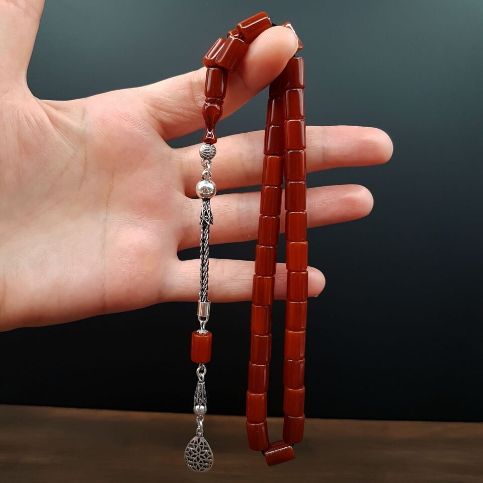 Gümüş Püskül Oval Kesme Sıkma Kehribar Tesbih